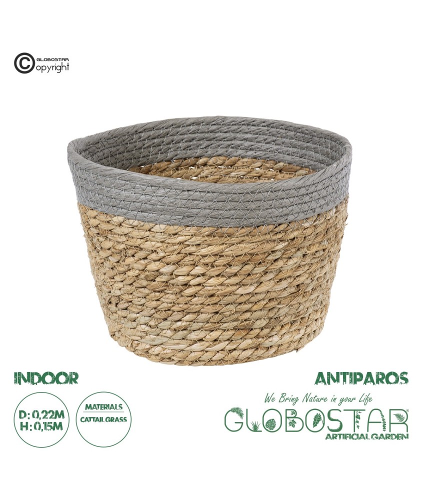 GloboStar® Artificial Garden ANTIPAROS 20289 Διακοσμητικό Πλεκτό Καλάθι - Κασπώ Γλάστρα - Flower Pot Μπεζ με Γκρι Φ22cm x Υ15cm